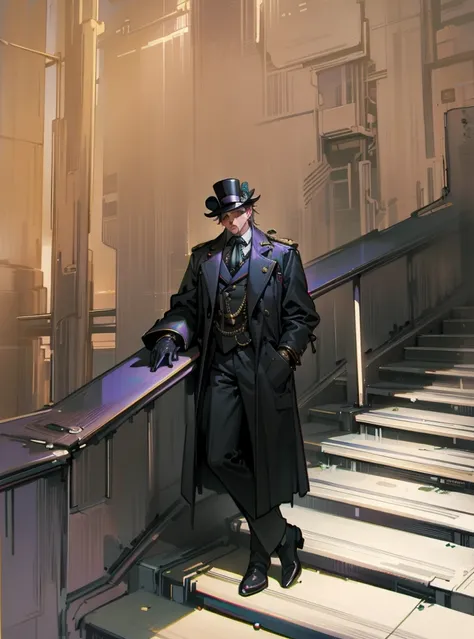 there is a man in a top hat and coat standing on a stair, outfit: cop, inspired by Horace Vernet, wearing louis vuitton armor, by Emma Andijewska, wearing a black noble suit, inspired by Oka Yasutomo, by Nina Hamnett, in paris, wearing japanese techwear, o...