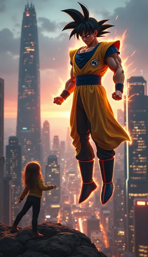 Son Goku, in his Super Saiyan form, prepares for battle against Wasp, the agile and tactical hero with size-shifting abilities and energy-based stingers. The battlefield is a futuristic city skyline at dusk, with towering skyscrapers and neon lights glowin...