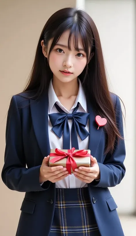 cool high school woman handing chocolate with both hands、Shy、 blush、Valentine's Day 、 navy blue blazer、 white blouse、 navy blue plaid mini skirt、full body shot、