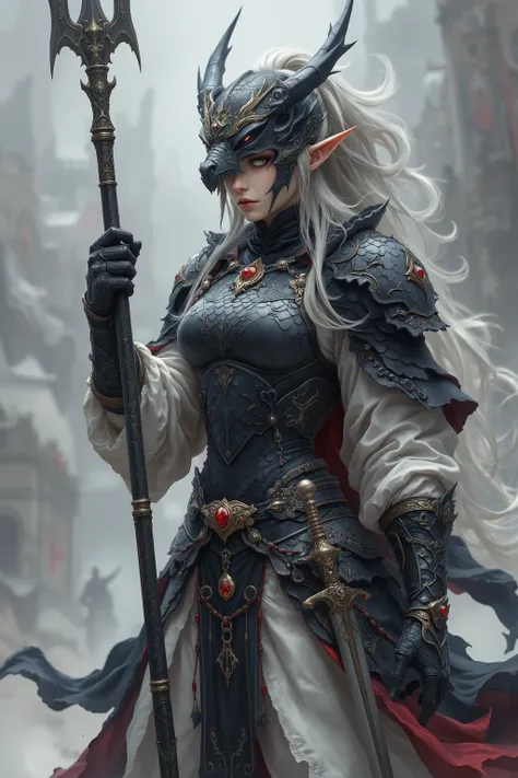  real 、  full body shot、 Knee Shot 、      Tensho eru Kuroboshi Savia       、Living Freely: Human Women's Dragon Knight、20-year-old woman、 let your long silver ponytail take hold、Equipped with black dragon scale light armor and a large spear、（Underwear has ...