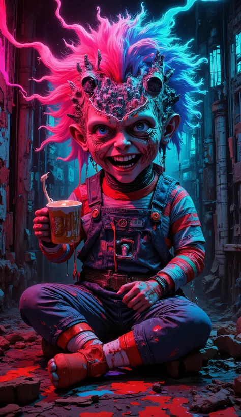 Dark Fantasy, surrealism, hyperrealistic, "chucky doll" sitting, holding a cup of melted red paint, with manipulation of the face part of the Chucky doll opens a subtle crack revealing a brightly glowing neon cosmic demon kingdom inside the opening of the ...