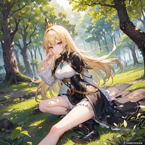    An anime girl in a lightweight witch costume   ,  She is tall  ,   her hair fluttering with the wind   ,    leaning against the rough bark of an ancient tree   ,   with seteny {ten}  Her divine and alluring posture attracts nearby mercenaries .   Her en...