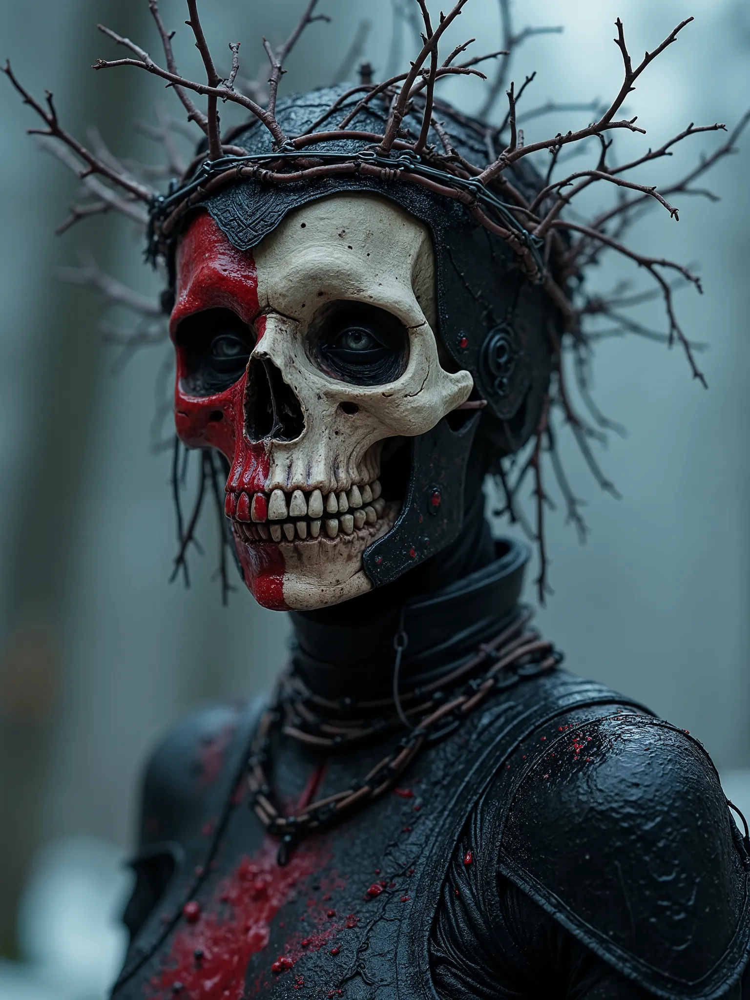 Beautiful Female cosmic entity  bone crown,l,half skull half face rotted,barb wire wrapped around her,spilled with red and black fluid,dark makeup,dark surrealism,dark realistic photography, dark occult art,melancholic dark art, surreal dark art, frozen ba...