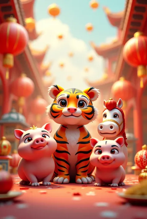 New Year Celebration With Tiger In 3D Illustration、pig、horse、dog。