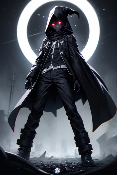 ((best quality)), ((masterpiece)), (detailed), 1 boy, full body, 2, young adult, long black scarf, bandage covering mouth, glowing eyes, 1 scratch on right eye, hood black, black skin, messy hair, black coat, loose sleeves, tall, thin, white zigzag marking...