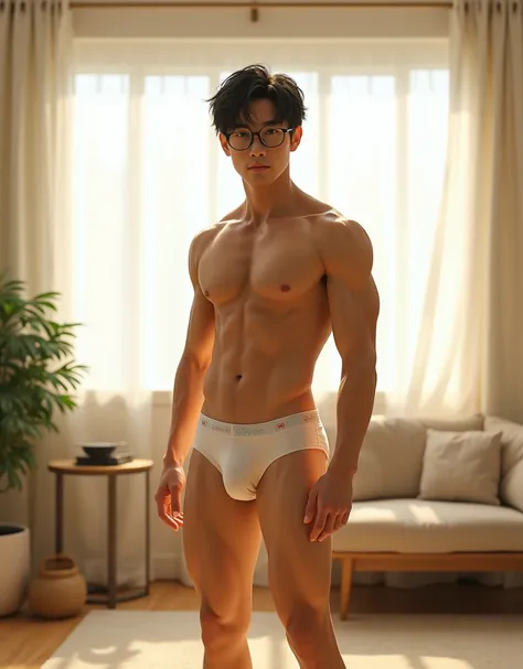 (Hijiro Takhashi) Handsome Asian man , high,  slightly muscular, dark brown almond-shaped eyes, coxas grossas com Muscles definidos,  straight black hair slightly messy with locks falling on the forehead, wearing round black-framed glasses on her face ,  w...