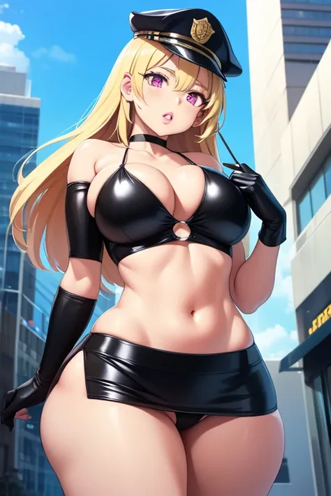   blonde hair,  pink eye, Big Lips,   pink lip gloss ,  long hair, Big Breasts,   black swimsuit ,  police cap , midriff,  shoulder out,  hourglass shape, ( thin waist),  thighs,  Street View , Firm stomach,  standing near a shop,  cloudy sky,  skyscrapers...