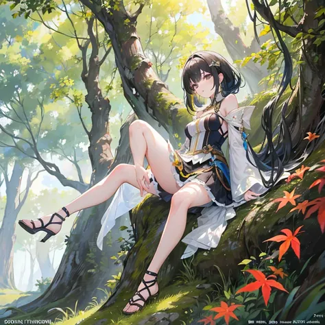    An anime girl in a lightweight witch costume   ,  She is tall  ,   her hair fluttering with the wind   ,    leaning against the rough bark of an ancient tree   ,   with seteny {ten}  Her divine and alluring posture attracts nearby mercenaries .   Her en...