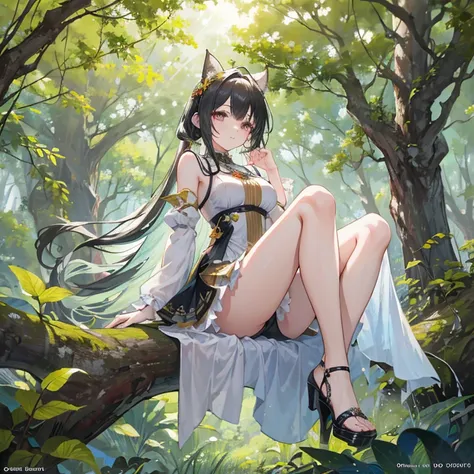    An anime girl in a lightweight witch costume   ,  She is tall  ,   her hair fluttering with the wind   ,    leaning against the rough bark of an ancient tree   ,   with seteny {ten}  Her divine and alluring posture attracts nearby mercenaries .   Her en...