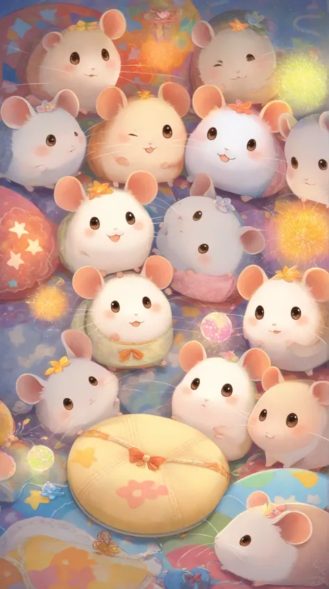 cuteAn illustration,Hamster kindergarten,Hamster parent and :animal:cute:Snuggle up close:sleep:comfortable and warm:looks happy,An illustration,pop,Colorful,color,dim,lamp light,Hamster parent and が眠っています:dream happy dreams,The room is warm and full of ha...