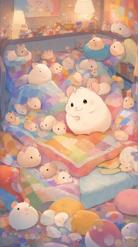 cuteAn illustration,Hamster kindergarten,Hamster parent and :animal:cute:Snuggle up close:sleep:comfortable and warm:looks happy,An illustration,pop,Colorful,color,dim,lamp light,Hamster parent and が眠っています:dream happy dreams,The room is warm and full of ha...