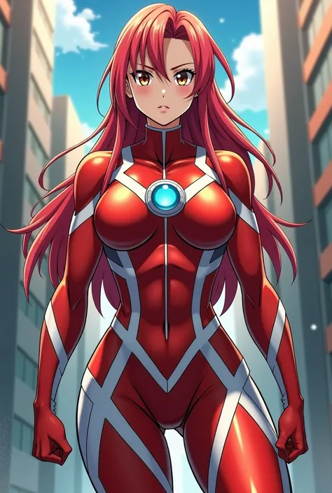   My Hero Academia style  ,  Anime Girl,woman,筋肉質なwoman, 若いwoman ,  full body shot ,( battle pose :1.3), long hair, 赤い髪,   brown eyes, hero suit,  full body suit,  red suit with white details,small round blue jewel in the center of the chest,  Complete Tec...