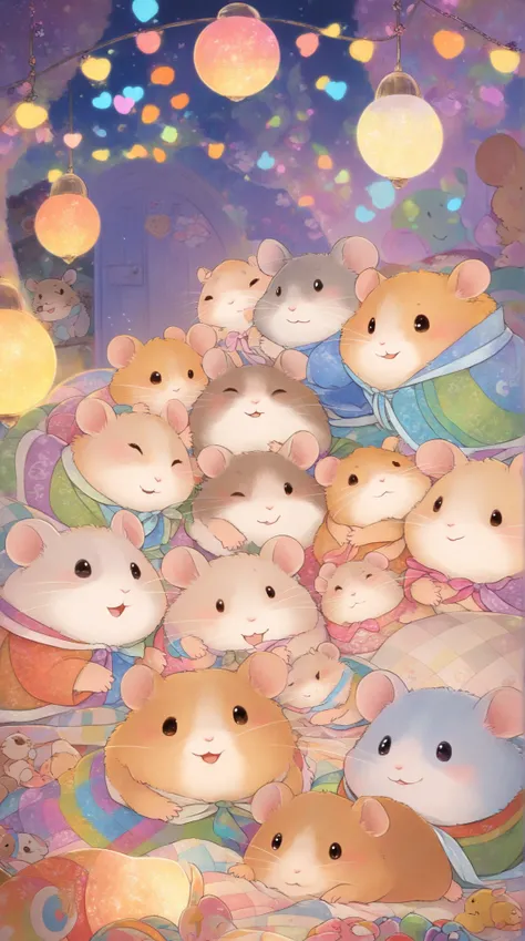 cuteAn illustration,Hamster kindergarten,Hamster parent and :animal:cute:Snuggle up close:sleep:comfortable and warm:looks happy,An illustration,pop,Colorful,color,dim,lamp light,Hamster parent and が眠っています:dream happy dreams,The room is warm and full of ha...