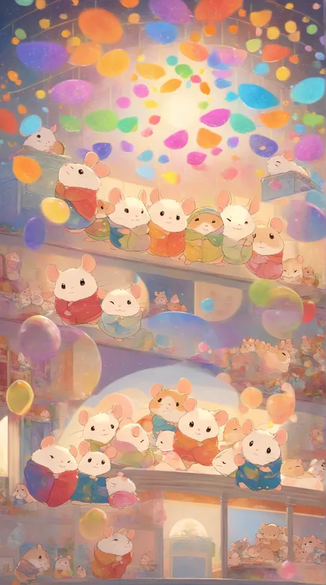 cuteAn illustration,Hamster kindergarten,Hamster parent and :animal:cute:Snuggle up close:sleep:comfortable and warm:looks happy,An illustration,pop,Colorful,color,dim,lamp light,Hamster parent and が眠っています:dream happy dreams,The room is warm and full of ha...