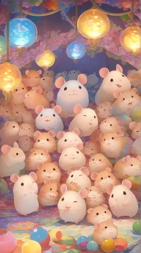 cuteAn illustration,Hamster kindergarten,Hamster parent and :animal:cute:Snuggle up close:sleep:comfortable and warm:looks happy,An illustration,pop,Colorful,color,dim,lamp light,Hamster parent and が眠っています:dream happy dreams,The room is warm and full of ha...