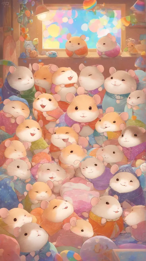 cuteAn illustration,Hamster kindergarten,Hamster parent and :animal:cute:Snuggle up close:sleep:comfortable and warm:looks happy,An illustration,pop,Colorful,color,dim,lamp light,Hamster parent and が眠っています:dream happy dreams,The room is warm and full of ha...