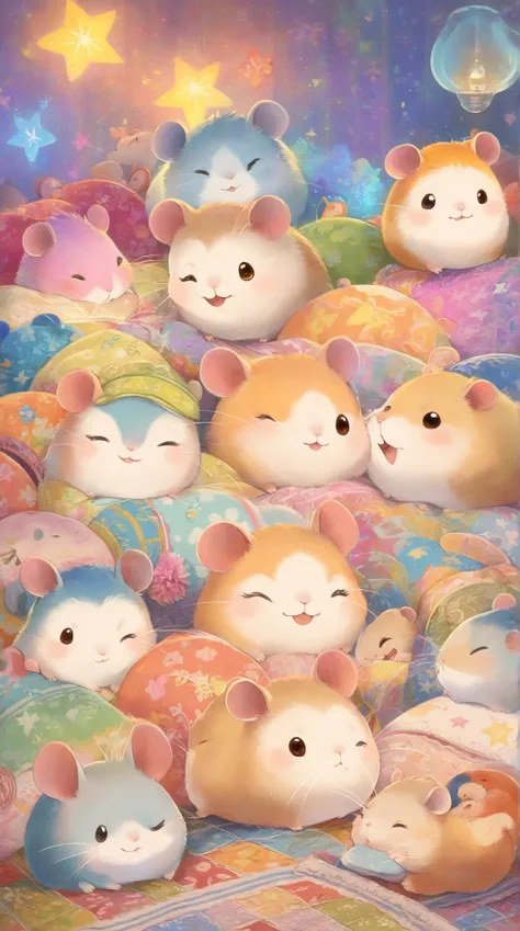 cuteAn illustration,Hamster kindergarten,Hamster parent and :animal:cute:Snuggle up close:sleep:comfortable and warm:looks happy,An illustration,pop,Colorful,color,dim,lamp light,Hamster parent and が眠っています:dream happy dreams,The room is warm and full of ha...