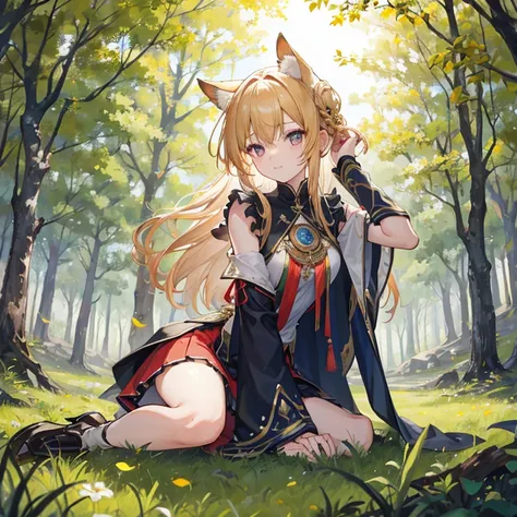     An anime girl in a lightweight witch costume    ,   She is tall   ,     her hair flutters with the wind     ,     leaning against the rough bark of an ancient tree    ,   with seTeny {Ten}    Her sacred and seductive posture attracted nearby mercenarie...