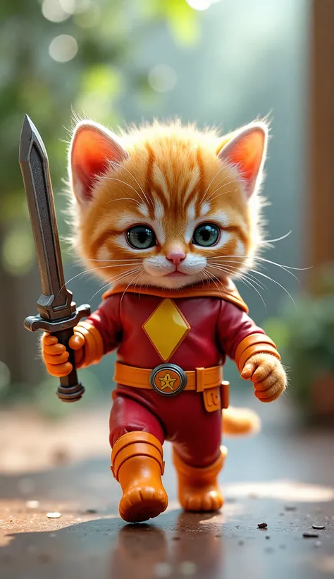 kitten ( kitten cat orange  , cute, dressed like power ranger), holding a toy sword ,  while walking down