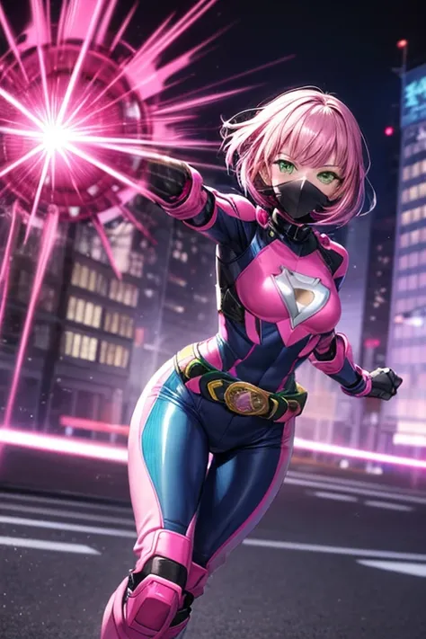 ((best quality)), ((masterpiece)), (detailed), 1 girl, 20s, young adult, emerald eyes, black facemask covering her mouth, smooth head, pink motorcycle helmet with black details, short pink hair, bangs, black neck, tall, slim, athletic, pink details, black ...