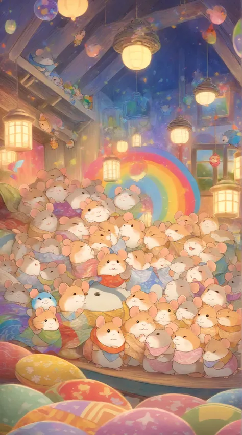 cuteAn illustration,Hamster kindergarten,Hamster parent and :animal:cute:Snuggle up close:sleep:comfortable and warm:looks happy,An illustration,pop,Colorful,color,dim,lamp light,Hamster parent and が眠っています:dream happy dreams,The room is warm and full of ha...