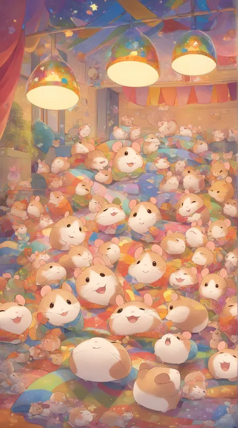 cuteAn illustration,Hamster kindergarten,Hamster parent and :animal:cute:Snuggle up close:sleep:comfortable and warm:looks happy,An illustration,pop,Colorful,color,dim,lamp light,Hamster parent and が眠っています:dream happy dreams,The room is warm and full of ha...