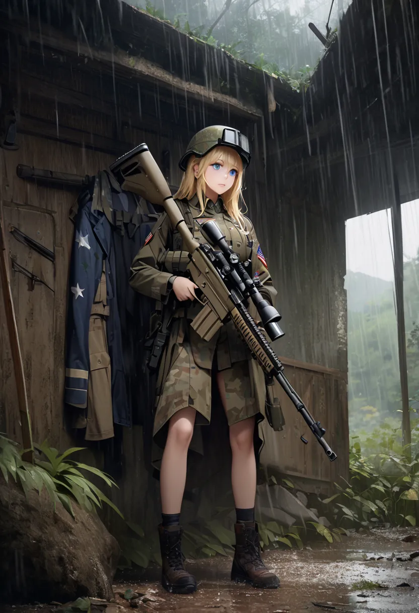  high quality、  high image quality、   highdefinition images 、8K Full HD、   illustration 、 wallpaper、 (A girl in a realistic modern American military uniform、 blond hair、  blue eyes):1.3、 realistic sniper rifle 、camouflage helmet  、Small Hill、  it's raining...