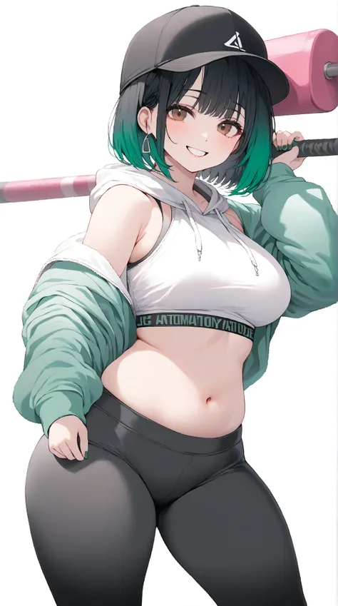 solo, ( girl), ( Masterpiece),  ( Anatomically Correct ), ( black and jade gradient colored hair:1.5),  bob cut hair, Thick thighs, fuzzy jade colored hoodie, (( black spats)),  white sports bra,(( white background)),  standing picture,  Smile ,  Brown Eye...