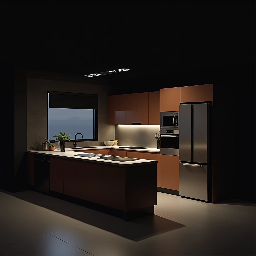 Create realistic images at night with white lighting of a modern kitchen in brown, black and gray colors, include cabinets, a countertop with a stainless steel sink., A dishwasher, An oven, a microwave , an induction stove and a large stainless steel refri...