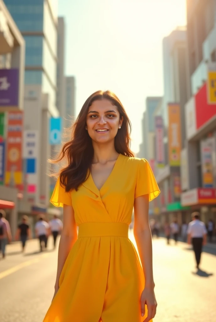 Stop in the city center of South Korea,  wearing a yellow dress, happy face,  ultra realistic,  sunny day 