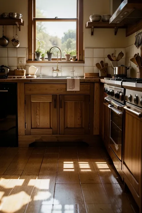 " A traditional kitchen with a wooden table ,  a plate of food still steaming ,  and the faint shadow of a mother cooking.  The light of the afternoon sun comes through the window , creates a nostalgic atmosphere ."