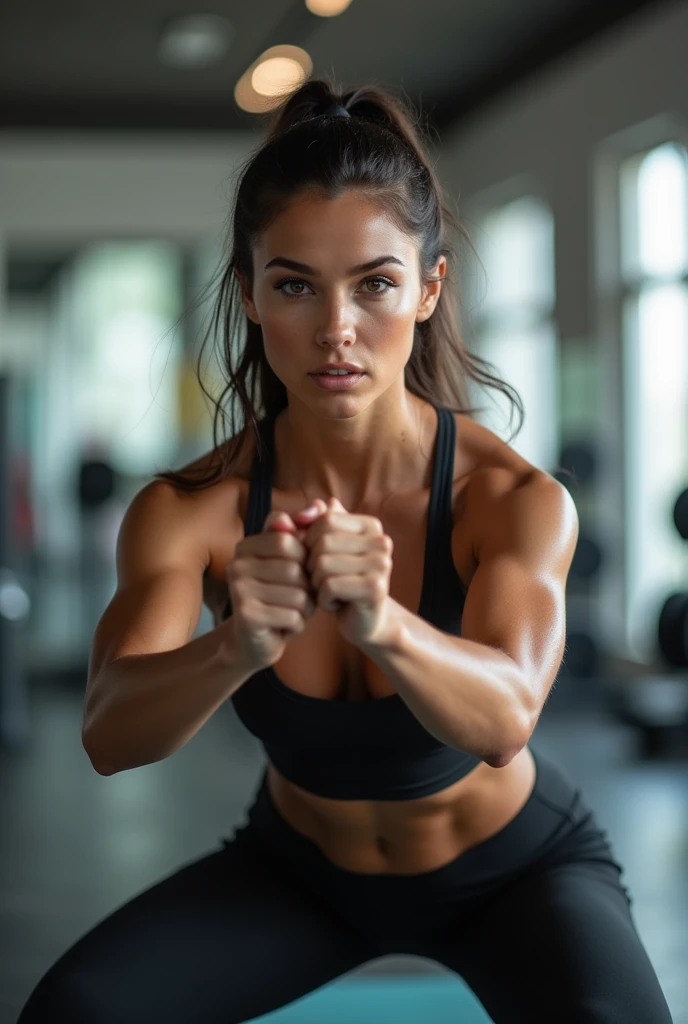 Brunette woman doing squats 