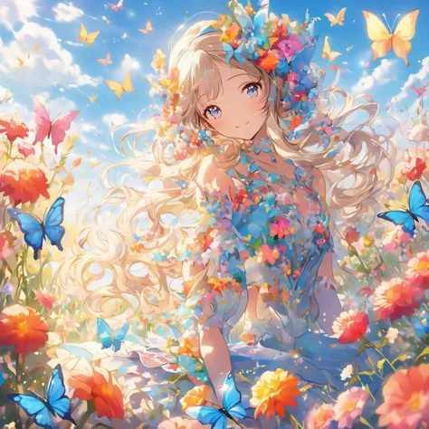 anime、kawaii"An surreal girl is sitting in a vast flower field. She is holding a colorful bouquet of flowers, and in the background there is a blue sky with white clouds. Butterflies are fluttering in the sky, and sparkling light particles are floating in ...