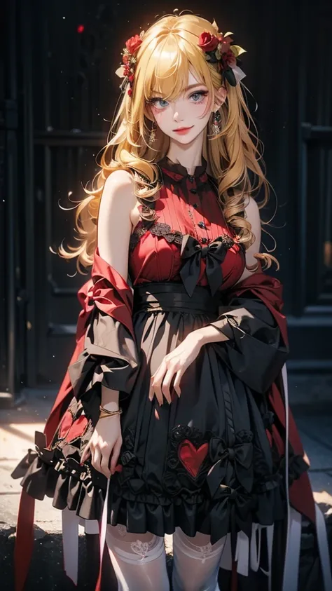     long hair, (   red:1.3), ブロンド,   , smile,red dress with gold embroidery,16ｋ, ,           jewelry,  ,      bracelet,      gothic dress,
break  downtown,     Masterpiece,
break looking at viewer, (cowboy shot),
break (     Masterpiece:1.2),      top qual...