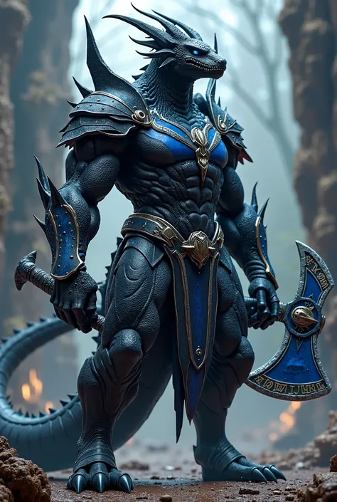 Charcoal black dragon man with blue armor stripes and holding an axe 