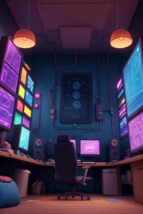  A futuristic control room in cartoon style ,  filled with illuminated control panels filled with colorful buttons .  The room has a vibrant and detailed aesthetic , with flashing screens ,  levers and digital displays ,  creating a dynamic and technologic...