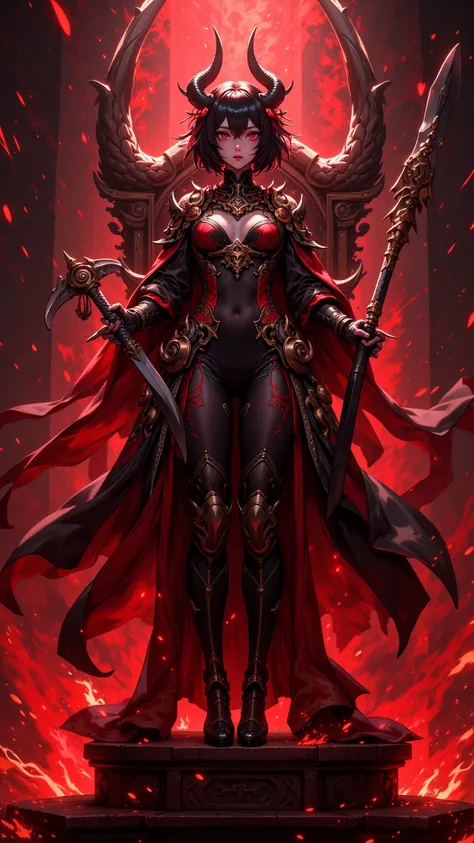  A ruthless and stately female demon princess ，short black hair， Jiujo with the dark red eyes of God ， wearing a stylish black and red battle suit ， waving a sword full of evil demonic energy ，Standing on the throne of the Demon Realm ， in 4K animation sty...