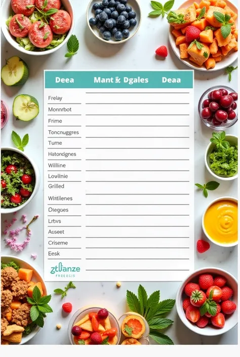  A visually appealing table with the days of the week and suggestions for balanced meals for each of them. Around the table ,  images of colorful and nutritious dishes ,  like fresh salads ,  grilled proteins , bowls de frutas e smoothies. In the backgroun...