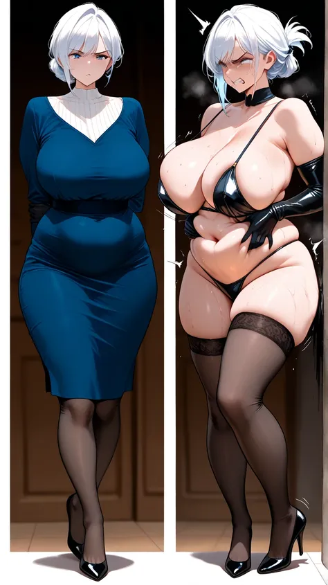 ((  Superb)), (( masterpiece)), (  Detailed  ),   Sexy Girl  ,   huge boobs ,  chubby body매,   chubby body,  naked,  black long stocking gloves,  long stockings that reach the foot, Mother,   Milf,   middle-aged woman ,  white hair,   has short hair ,  hai...