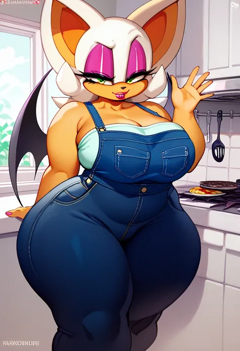 Rouge the bat, extra huge boobs, big hips, thick thighs, milf body, dressed in casual clothes, she is microwaving a burrito in her kitchen