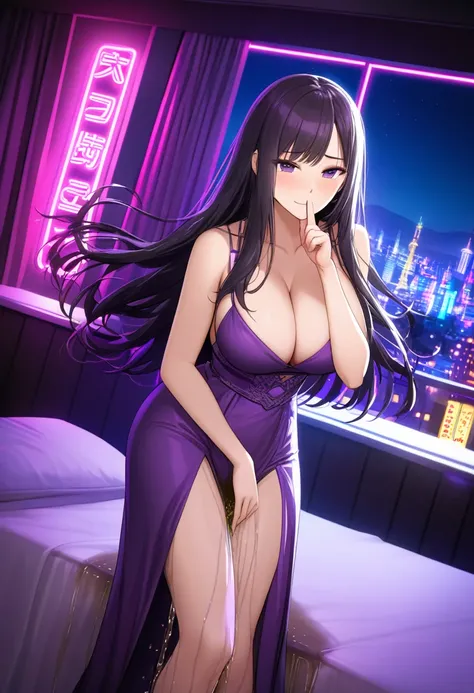 woman, very dark purple hair, purple eyes, long hair, large breasts, very long dress, very tight dress, standing, (wetting herself:1.5), best quality, ultra-detailed, HDR, studio lighting, professional, vivid colors, sharp focus, bokeh, landscape, love hot...