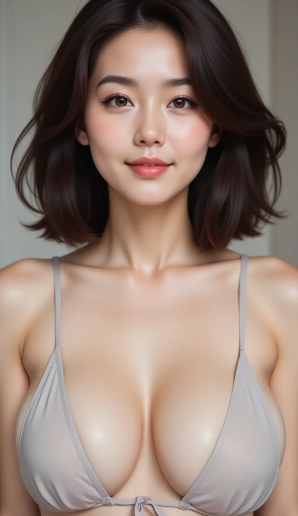 32k, Masterpiece, Top Quality, (Korea's Beautiful Women) Close-up, dark wavy bob, walking, bikini dress, loose fit, modest neckline, fair skin, subtle smile, minimal makeup, model pose.