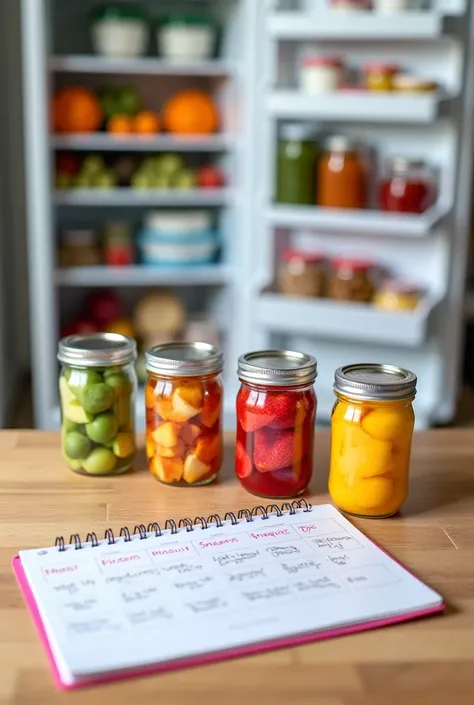  An organized table with several healthy snack options separated into individual jars,  ready for consumption . In the background,  a refrigerator with well-organized dividers , where cut fruits ,  jars with yogurt and a mix of nuts are ready for use . nex...