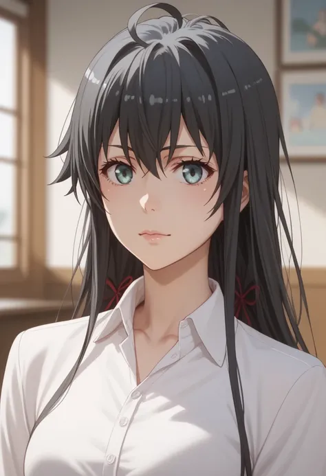  better quality,  masterpiece, excellent proportions, Yukino Yukinoshita, cabello negro,  ojos azules,  Long hair, Ahoge,