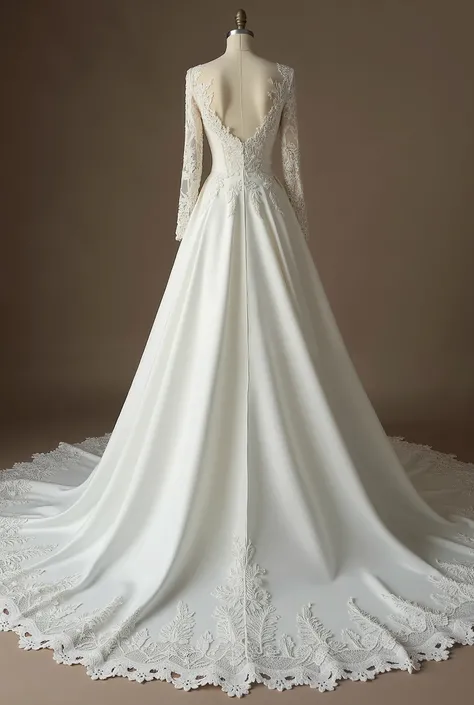 Create a wedding dress, princess style but not so much, with lace at the neckline and at the end of the dress, with a tail and that has tight lace sleeves 