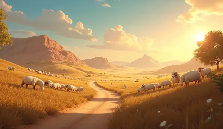 " high definition image ,  Disney Pixar style.  An ancient, rural setting ,  symbolizing the beginning of human civilization .  The background shows cultivated land on one side and open fields with sheep on the other,  representing the works of Cain and Ab...