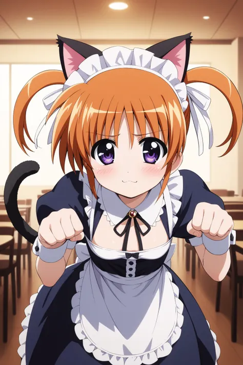 masterpiece,best quality,{{detailed beautiful face and eyes}}, very detailed background,
Takamachi Nanoha,{{{megami magazine}}},short hair,orange hair,twintails,white ribbons,hair between eyes,purple eyes,small breasts,
((maid,maid headdress,fake cat ears,...