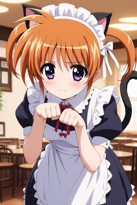 masterpiece,best quality,{{detailed beautiful face and eyes}}, very detailed background,
Takamachi Nanoha,{{{megami magazine}}},short hair,orange hair,twintails,white ribbons,hair between eyes,purple eyes,small breasts,
((maid,maid headdress,fake cat ears,...