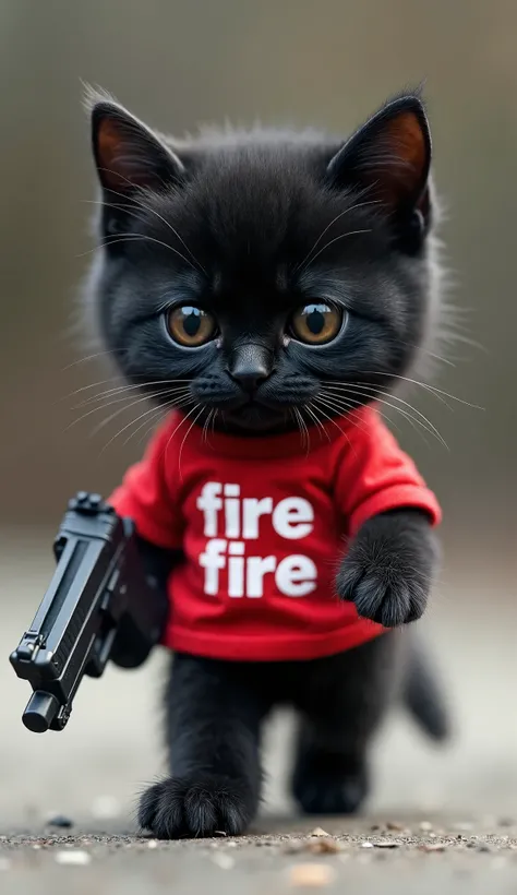 black cat (kitten, cute,  wearing a shirt that says  "Fire fire") holding a toy gun , while walking with his head down with a sad face