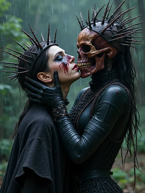 Beautiful Female cosmic entity,spiky bone crown,half skull half face rotted,barb wire wrapped around her,spilled with red and black fluid,dark makeup,dark surrealism,dark realistic photography, dark occult art,melancholic dark art, surreal dark art,realist...